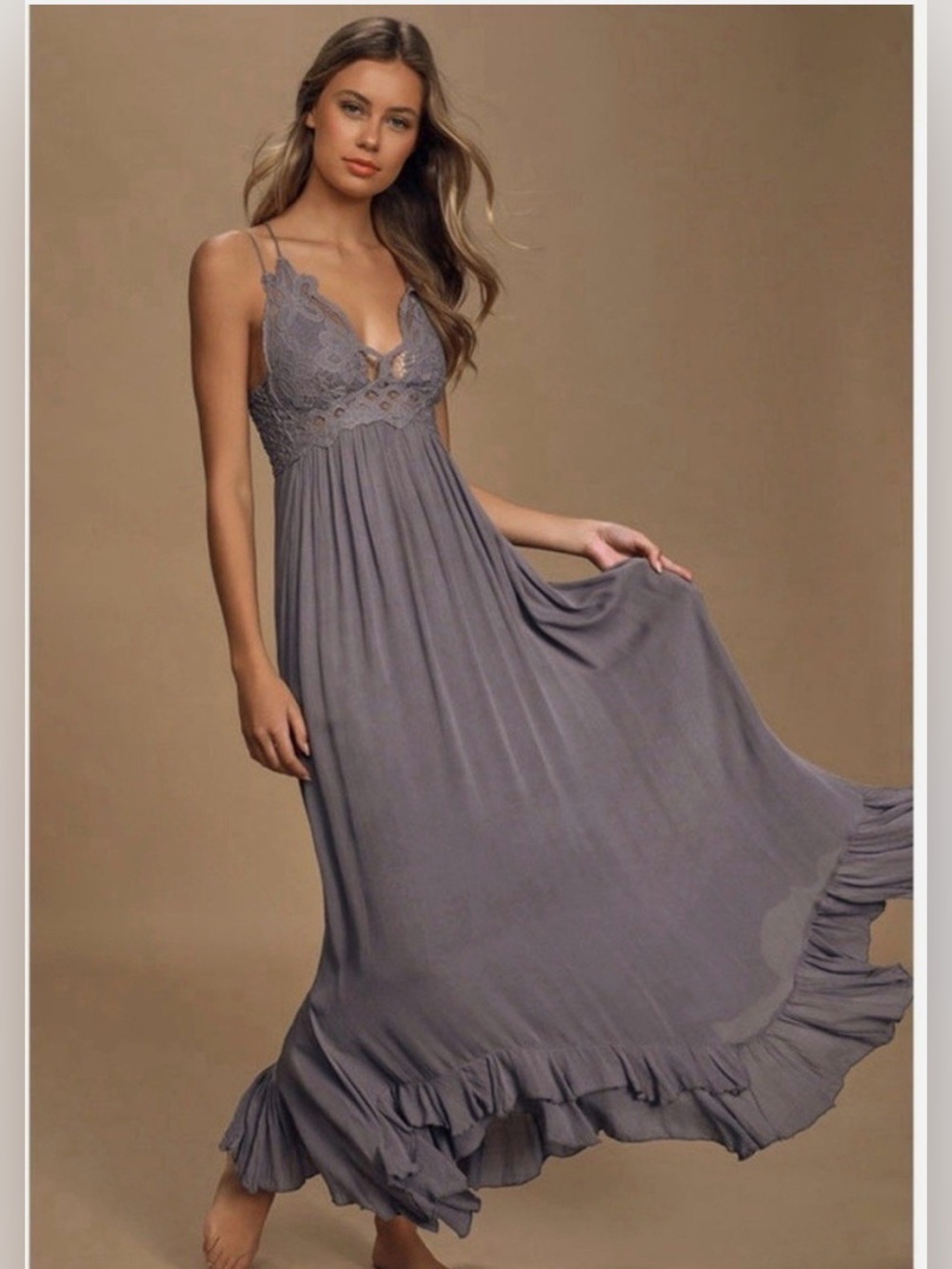 Free People FP One "Adella" Slip Crochet Lace Maxi Dress Smocked